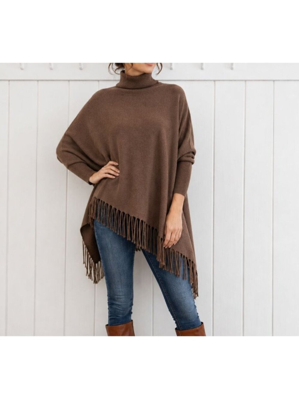 Magaschoni Poncho Sweater Brown Turtleneck Dolman Sleeve Fringe Hemline Knit L - Picture 11 of 11
